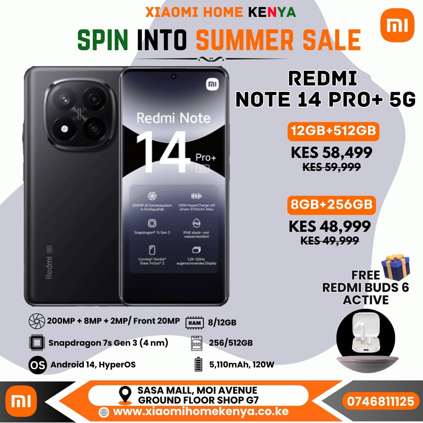 Redmi Note 14 Pro + 5G 8+256, Free Redmi Buds 6 Active